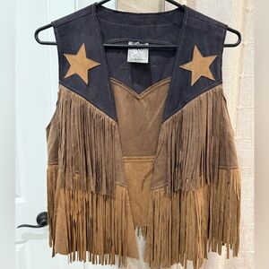 Black Suede Colorblock Fringe Vest - Small